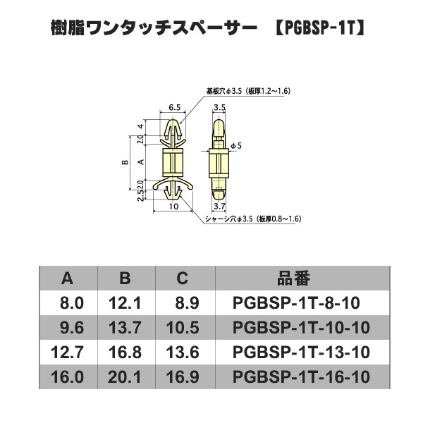 電子基板用 樹脂ワンタッチスペーサー (汎用タイプ)(10個) 【PGBSP-1T】